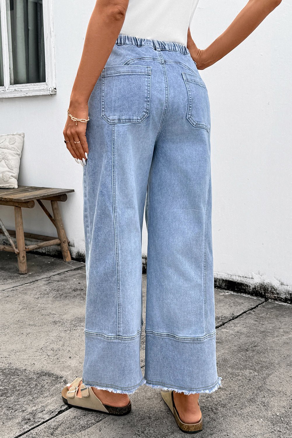 Beau Blue Drawstring Seam Detail Raw Hem Wide Leg Denim Pants - Loving It Shop