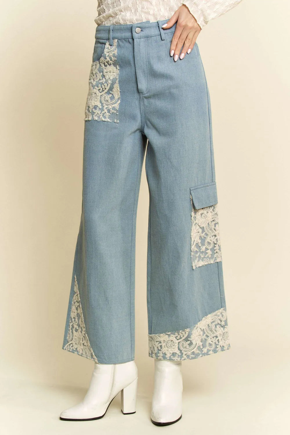 Davi &amp; Dani Lace Applique Wide Leg Jeans