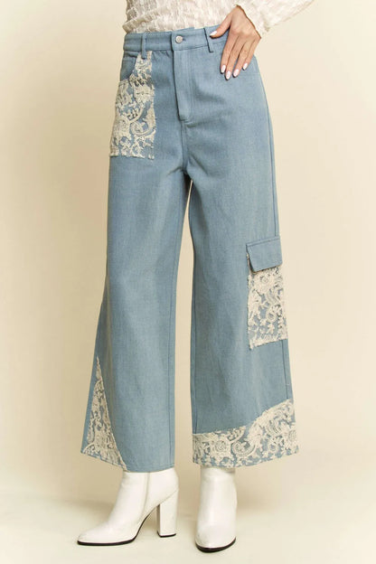 Davi &amp; Dani Lace Applique Wide Leg Jeans