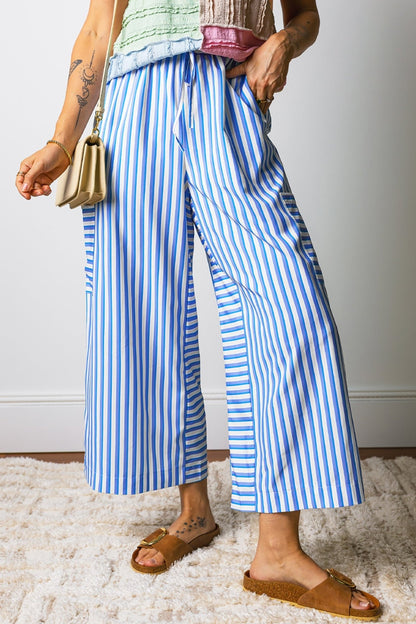 Sky Blue Stripe Drawstring Elastic Waist Patch Pocket Wide Leg Ankle - length Pants - Loving It Shop