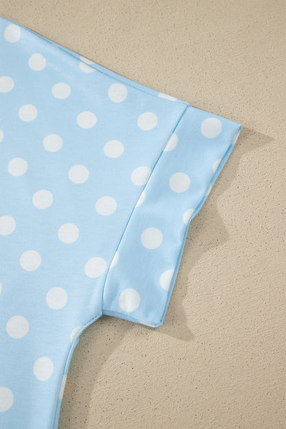Sky Blue Polka Dot Print Color Block Trim Mock Neck Short Set