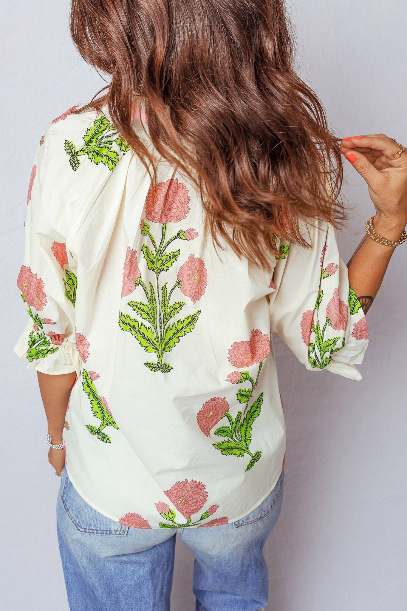 Pink Plus Size Floral Print Striped Trim V Neck Blouse - Loving It Shop