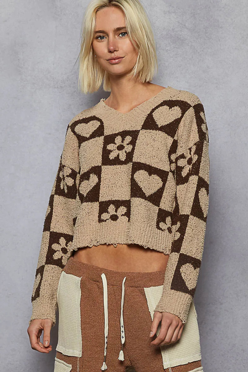 V-Neck Heart Pattern Checkered Sweater