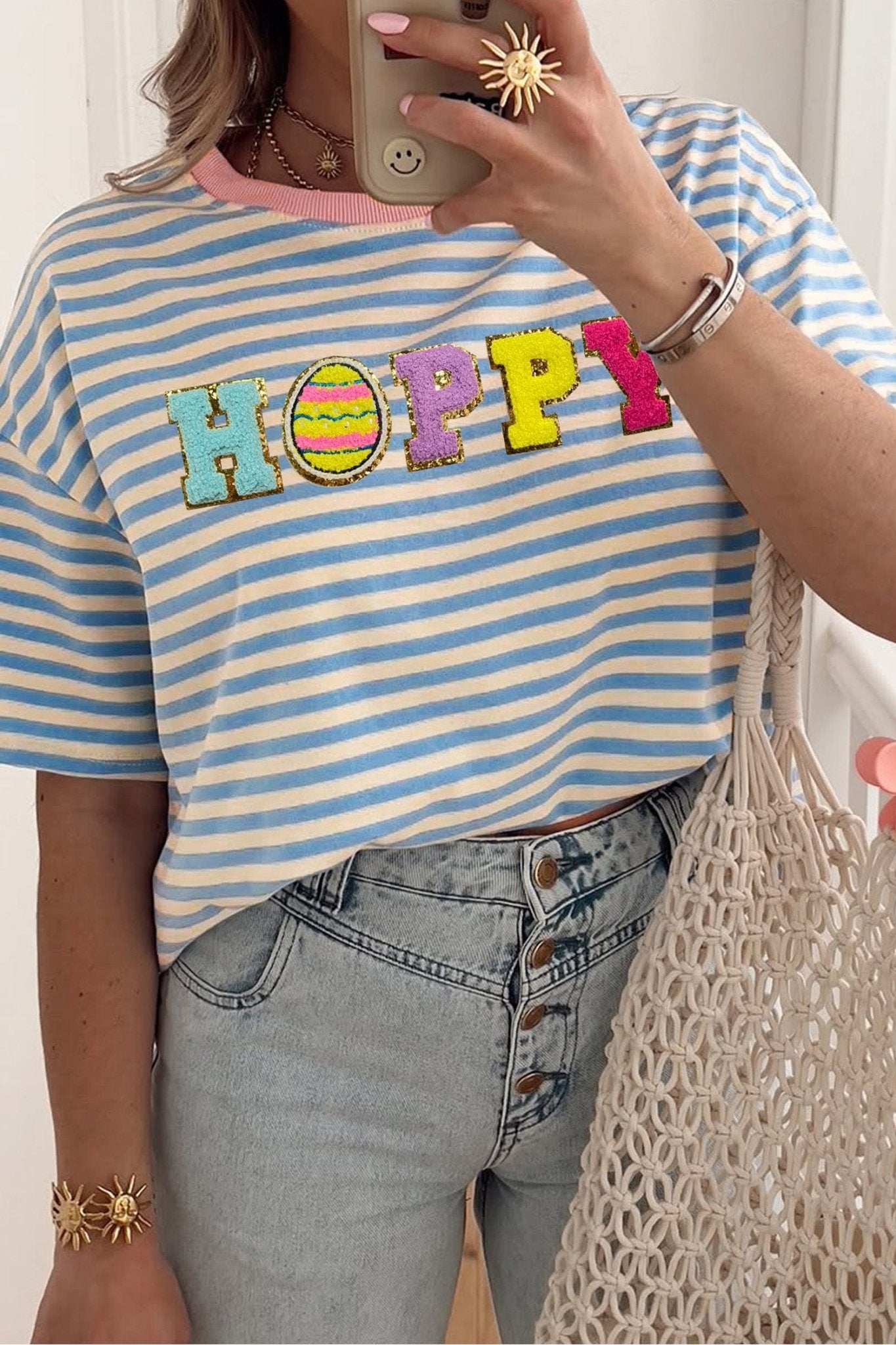 Sky Blue Stripe HOPPY Chenille Patched Graphic Crew Neck Tee - Loving It Shop