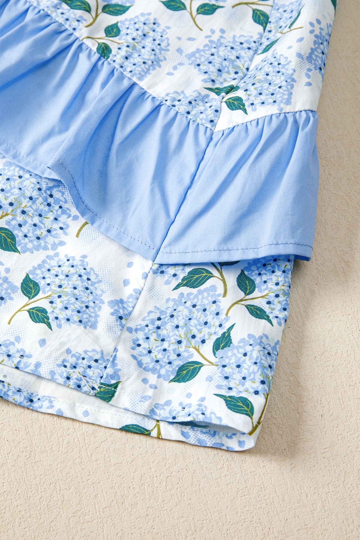 Sky Blue Hydrangea Floral Print Ruffle Trim Flutter Sleeve Long Dress - Loving It Shop
