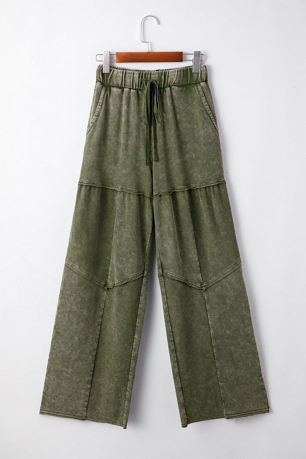 Vineyard Green Mineral Wash Tiered Wide Leg Patchwork Drawstring Pants - Loving It Shop