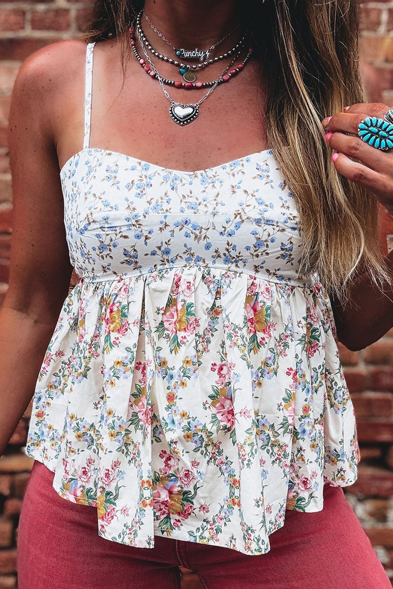 White Contrast Floral Printed Patchwork Spaghetti Straps Babydoll Top - Loving It Shop