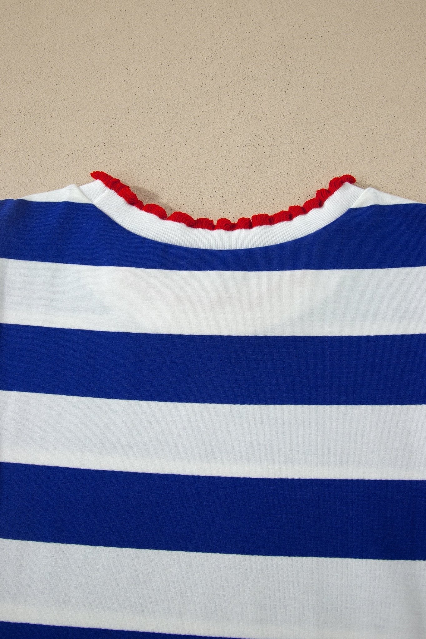 Blue Stripe Contrast Trim Round Neck Short Puff Sleeve Shift Mini Dress - Loving It Shop