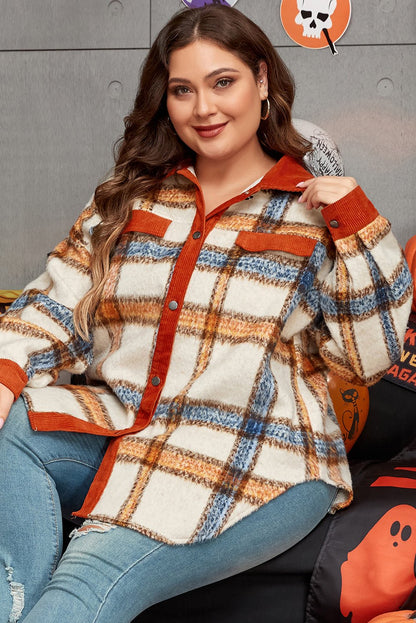Brown Stripe Plus Size Plaid Print Collared Buttoned Jacket - Loving It Shop