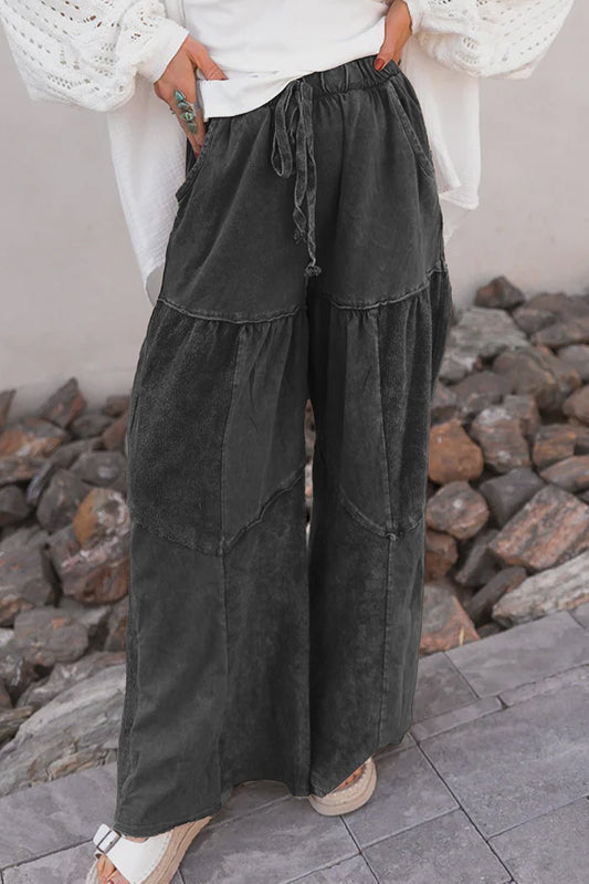 Black Mineral Wash Tiered Wide Leg Patchwork Drawstring Pants - Loving It Shop