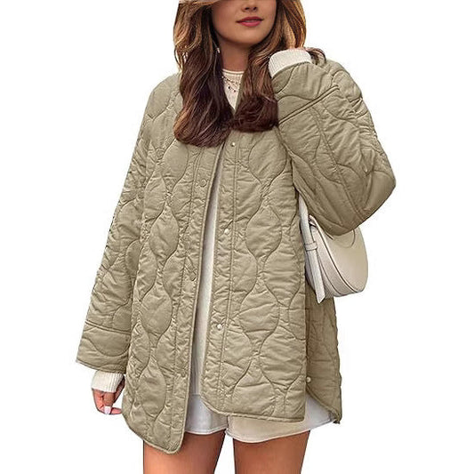 European And American Style Chic String Decoration Simple Solid Color Round Neck Loose Cotton Coat