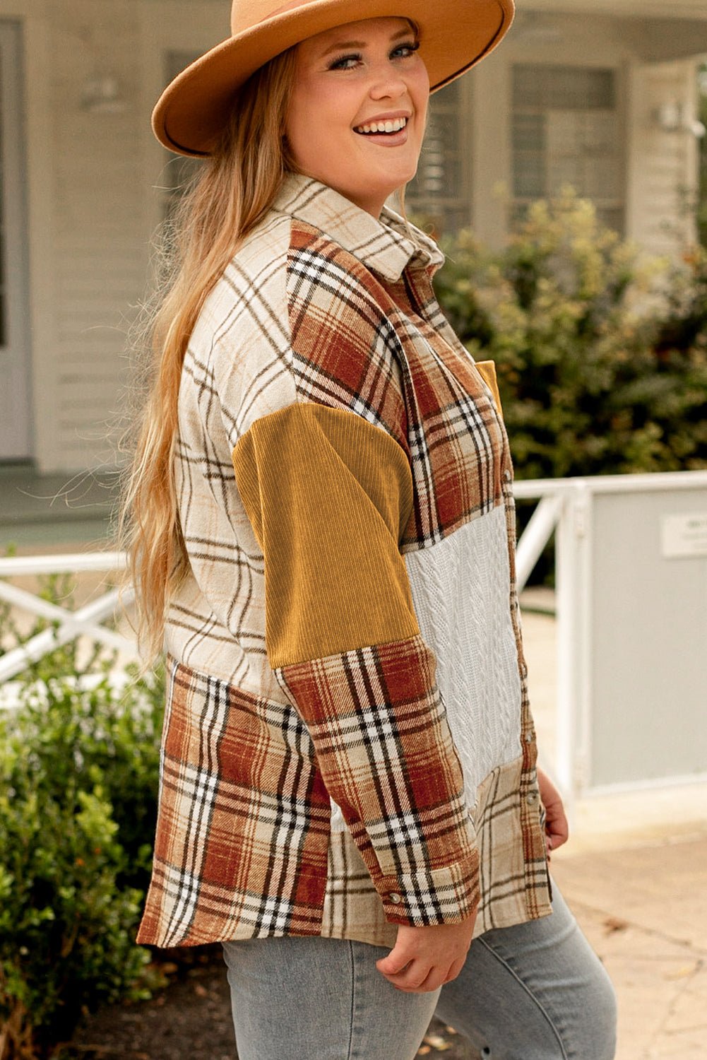 Golden Apricot Plus Size Plaid Patchwork Button up Shacket - Loving It Shop
