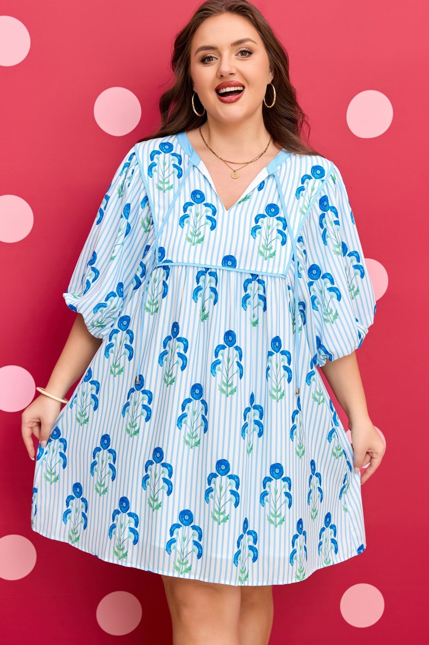 Sky Blue Floral Striped Bubble Short Sleeve Plus Size Dress - Loving It Shop