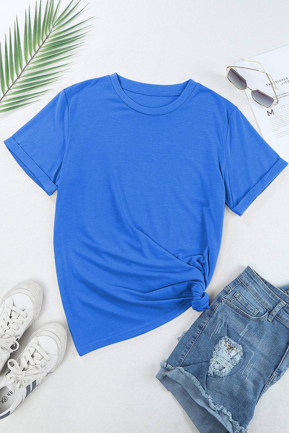 Dark Blue Casual Plain Crew Neck Tee - Loving It Shop