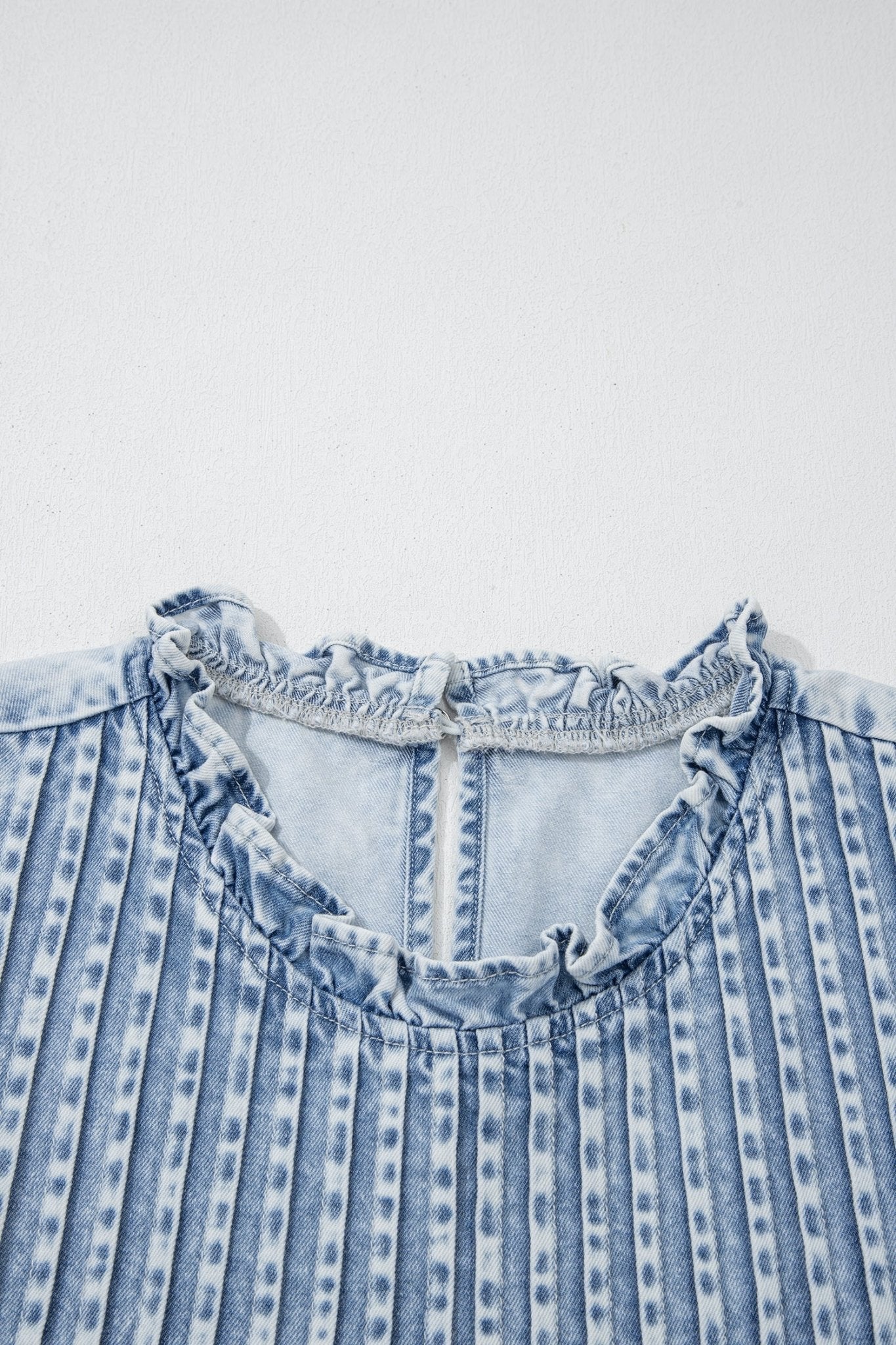 Beau Blue Ruffle Pleated Detail Vintage Washed Denim Top - Loving It Shop