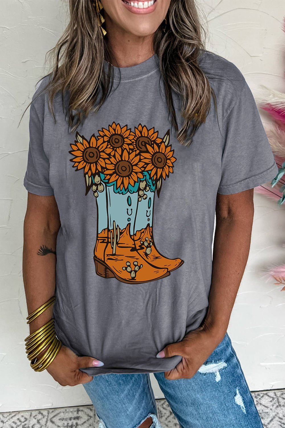 Gray Sunflower Cowgirl Boots Print Western Fashion T Shirt - Loving It Shop