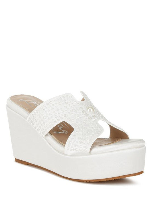 Renier Satin Pearl Detail Wedge Sandals - Loving It Shop