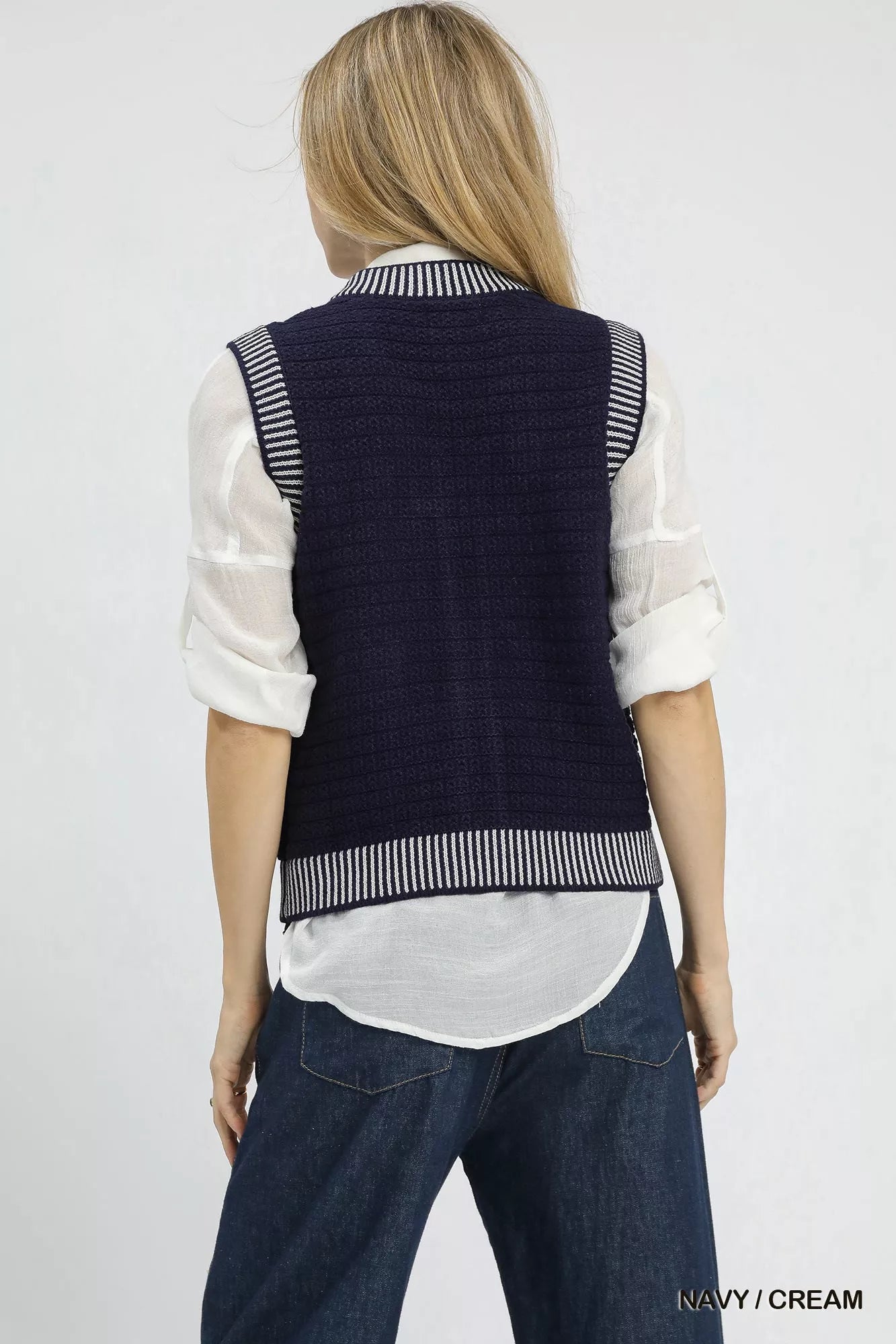 Contrast Striped Trim Button-Down Sweater Vest
