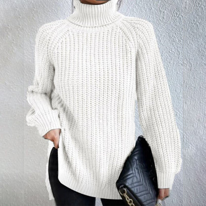 Turtleneck Pullover Sweater With Split Design Fashion Simple Solid Color Long Sleeve Tops Women&