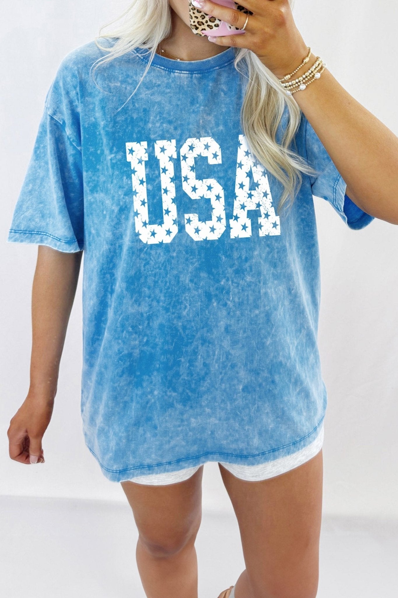 Blue USA Star Print Mineral Washed Cotton Tee - Loving It Shop