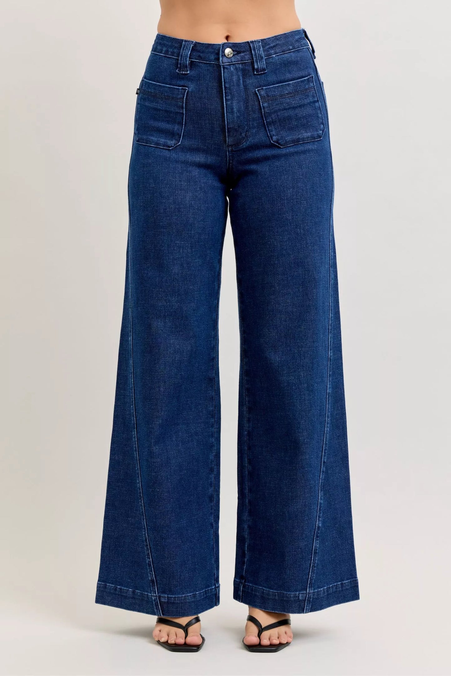High-Waisted Retro Wide Jeans with Patch Pkts & Twisted Seams