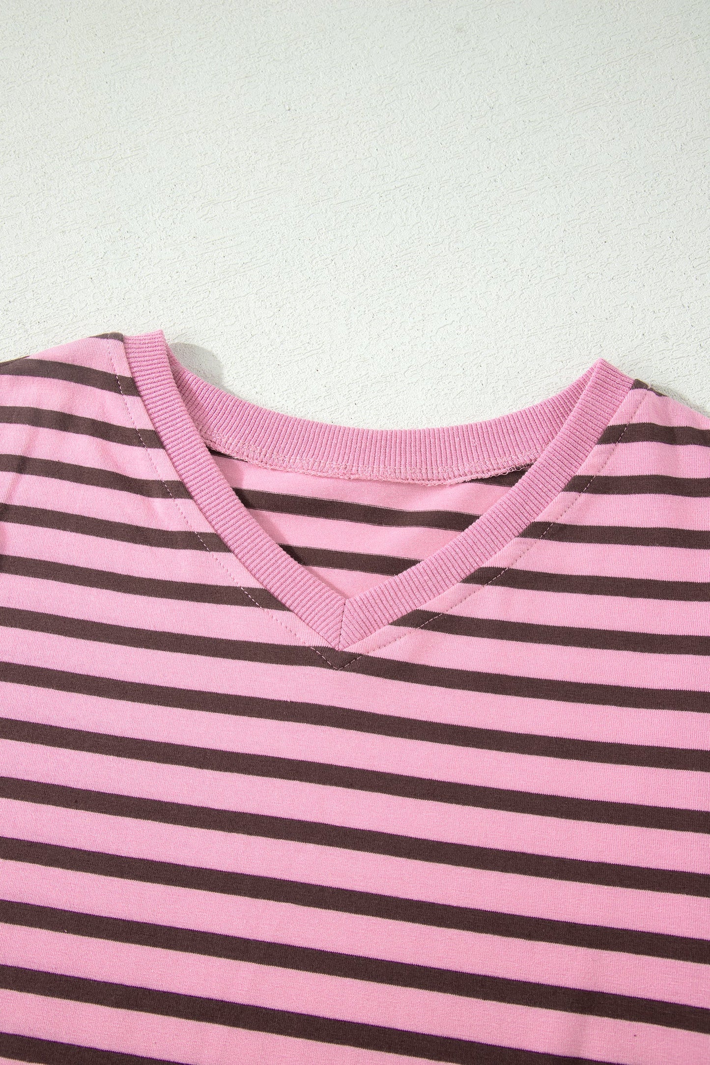 Rose Stripe Striped V-Neck Ribbed Collar Cuff Gathering Puff Sleeve Top