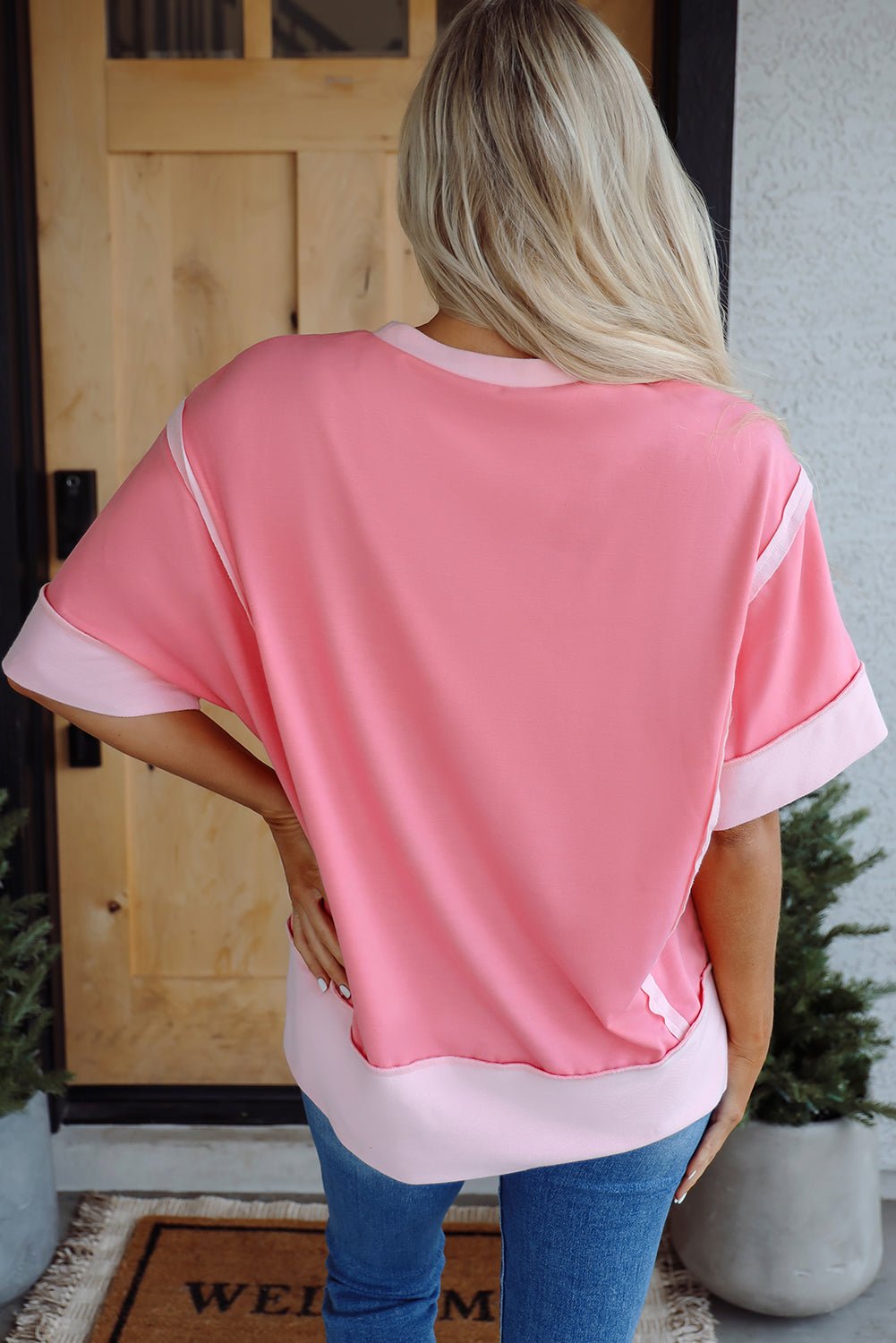 Peach Blossom Half Sleeve Raw Seam High Low Side Split Top - Loving It Shop