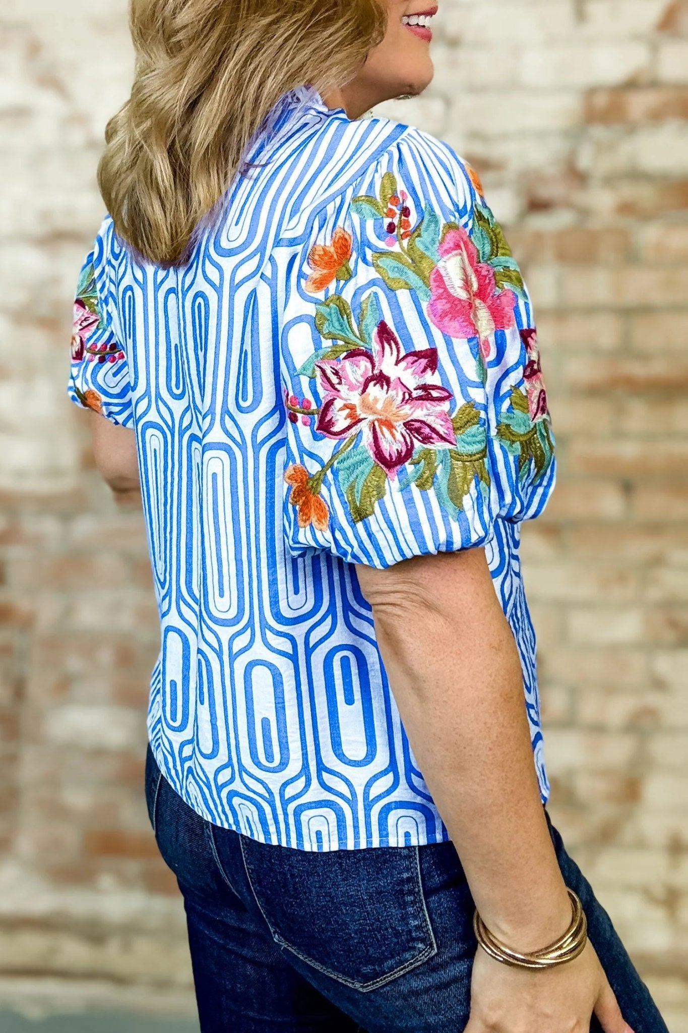 Sky Blue Unique Geometry Print Floral Embroidered Puff Sleeve Blouse - Loving It Shop
