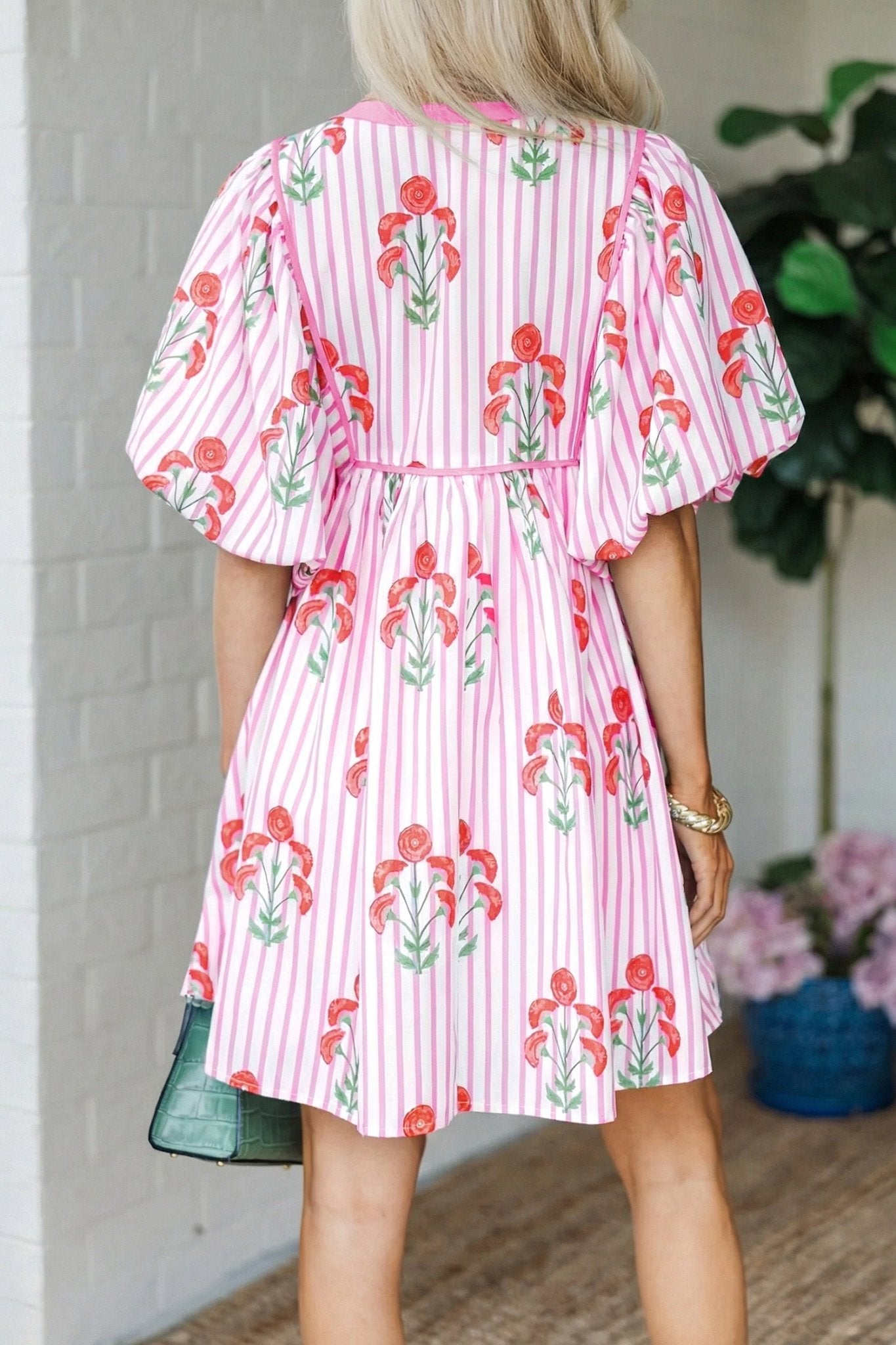 Pink Floral Striped Print Tie Notched Neck Puff Sleeve Flared Mini Dress - Loving It Shop