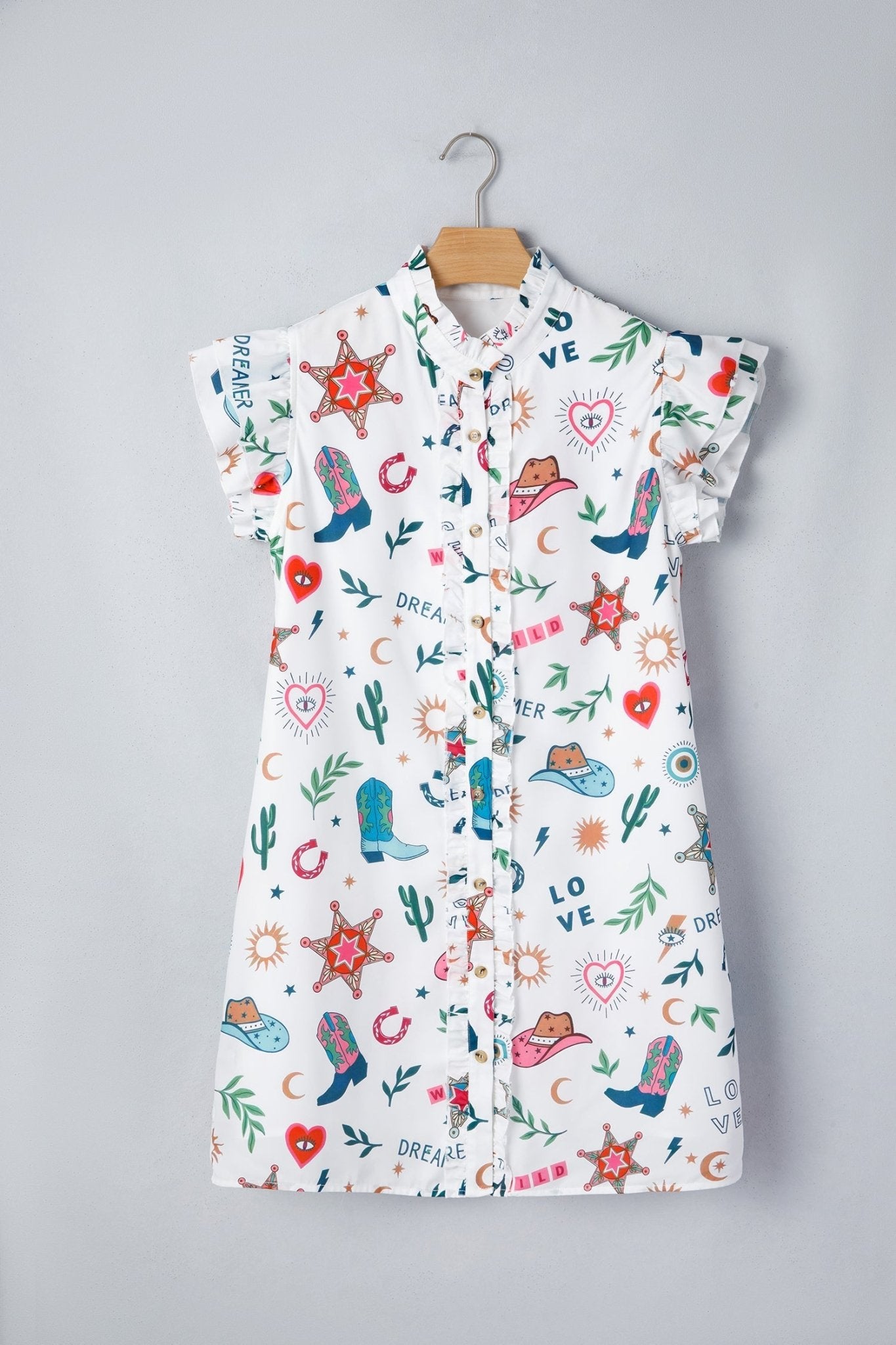 White Western Print Flutter Sleeve Button Down Mini Dress - Loving It Shop