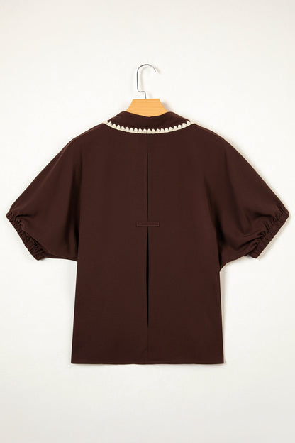 Coffee Shirt Collar Contrast Trim Button V Neck Short Sleeve Blouse
