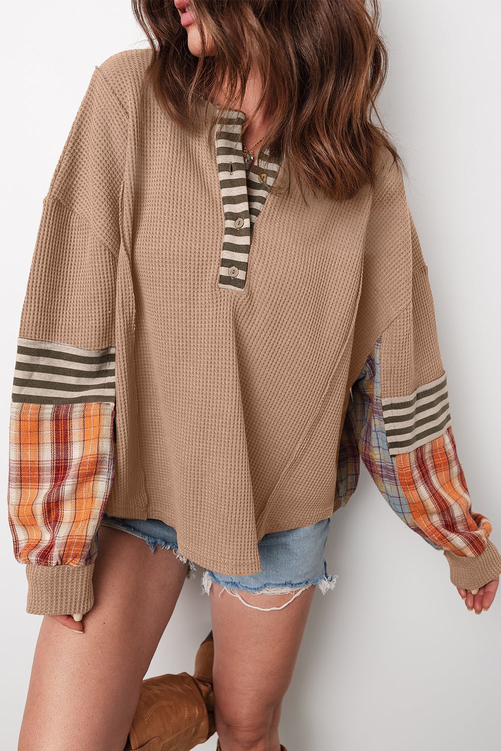 Straw Yellow Waffle Stripe Plaid Patchwork Henley Knit Top - Loving It Shop