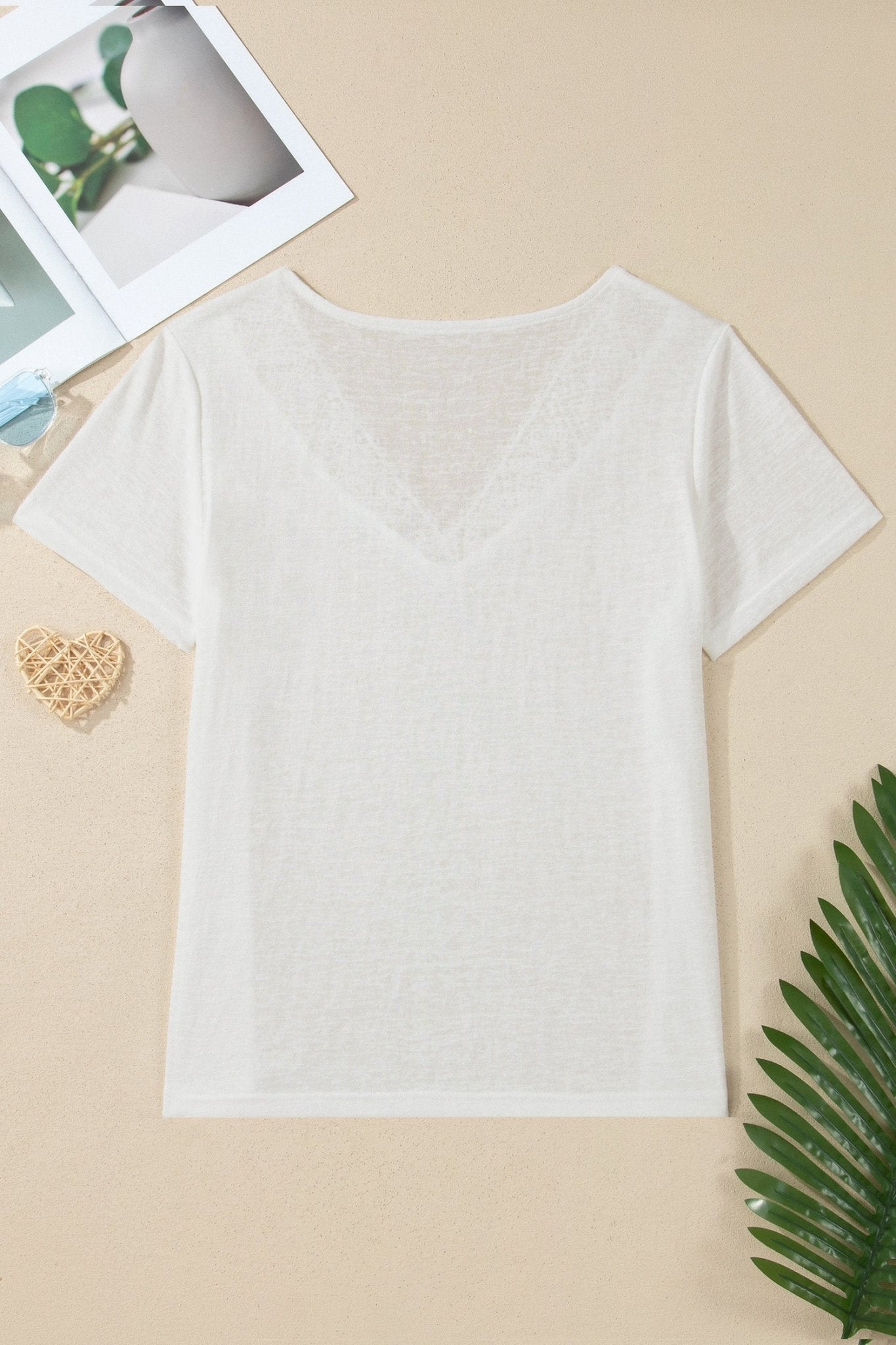 White Hollowed Lace Splicing V Neck T Shirt - Loving It Shop