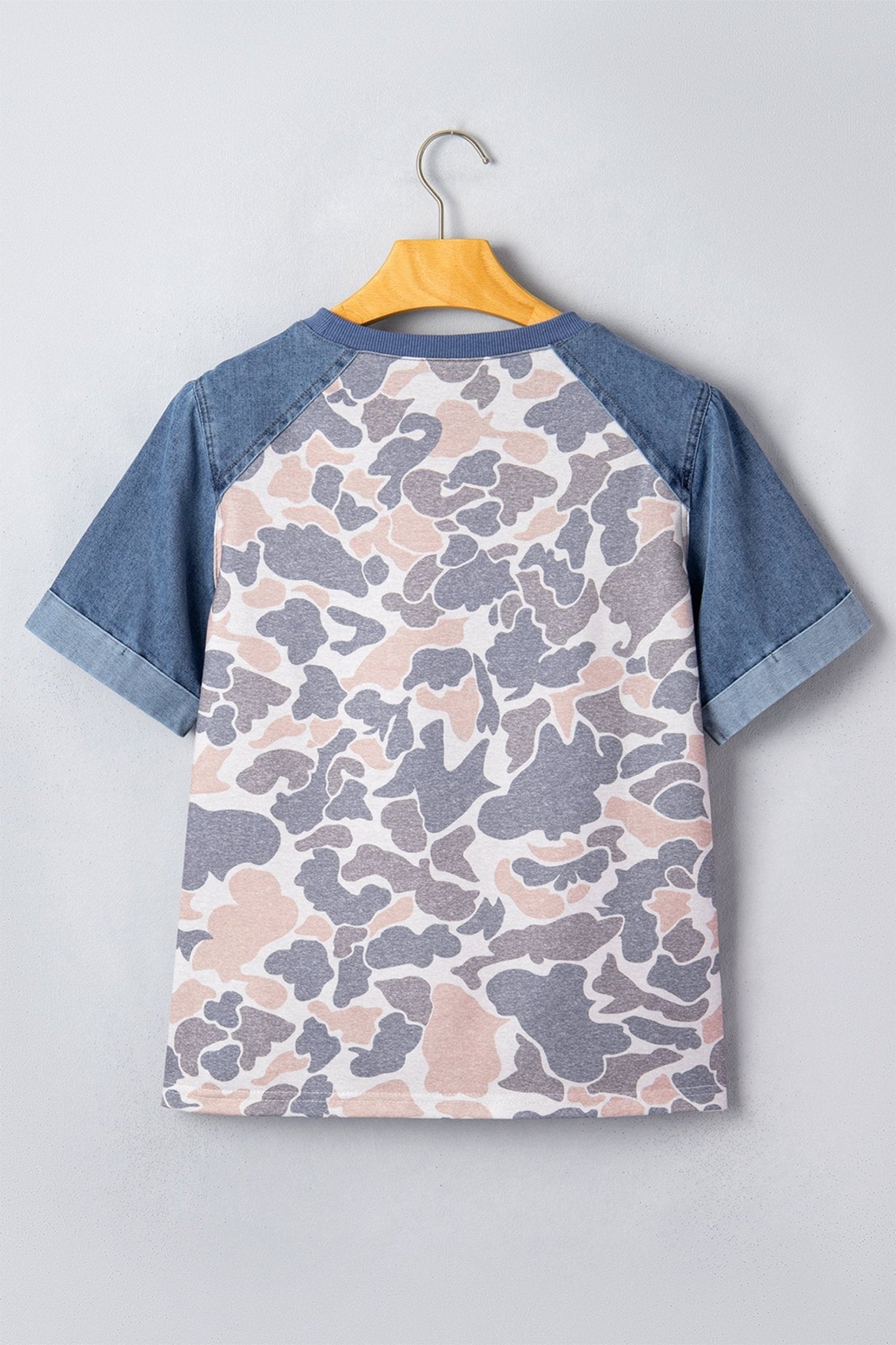 Multicolour Camouflage Print Denim Color Block Sleeve Casual Tee - Loving It Shop