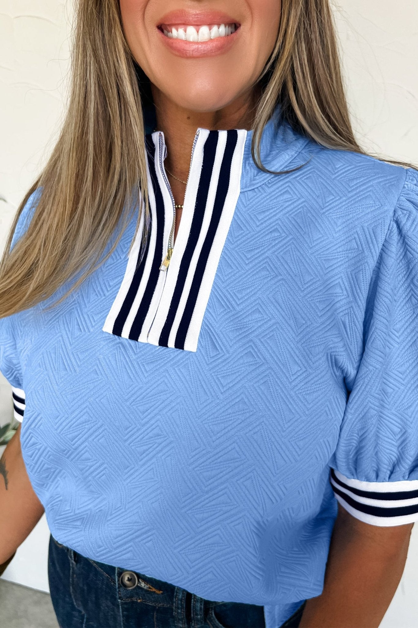 Myosotis Stylish Textured Stripe Trim Split Neck Puff Sleeve Top - Loving It Shop