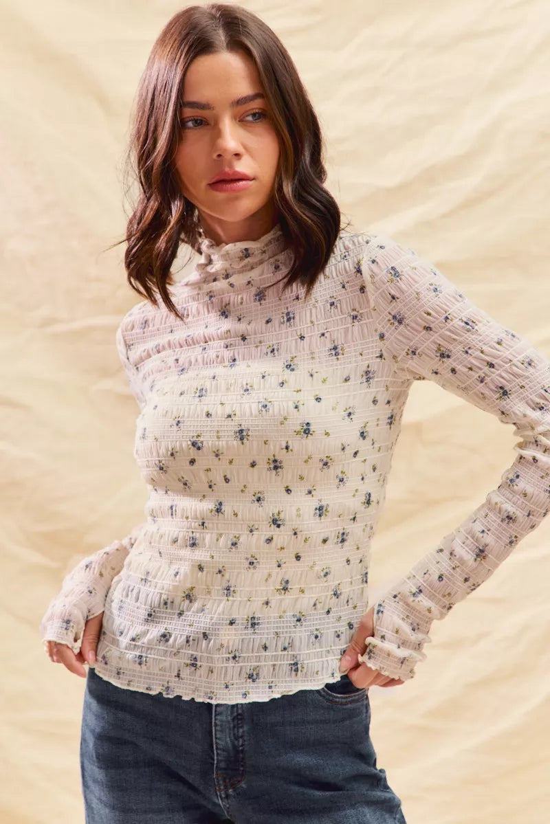 Floral Print Textured Long Sleeve Knit Top