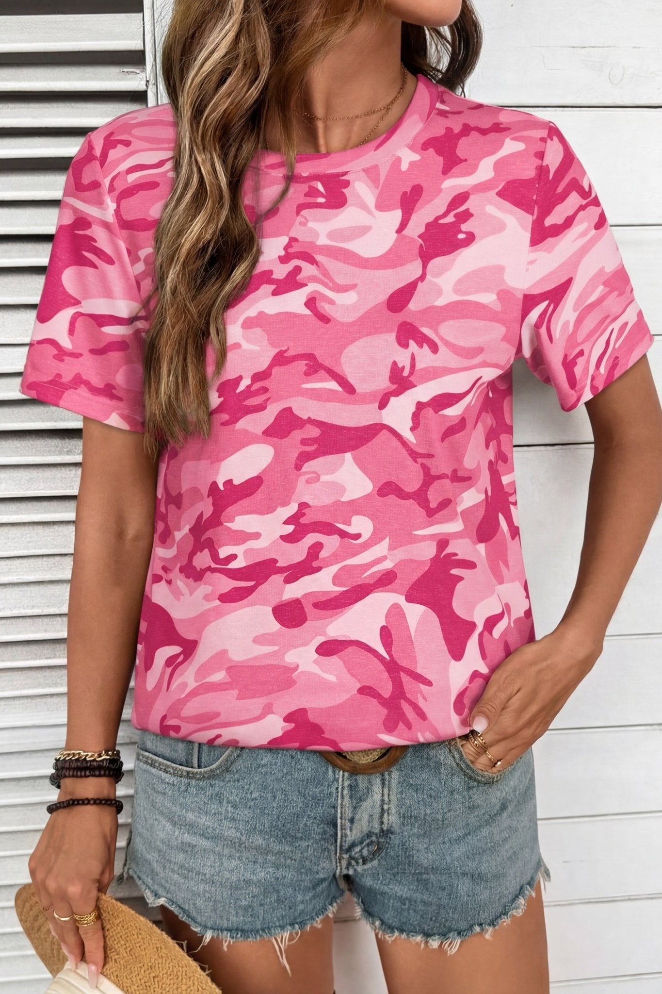 Pink Camouflage Print Crew Neck T Shirt - Loving It Shop