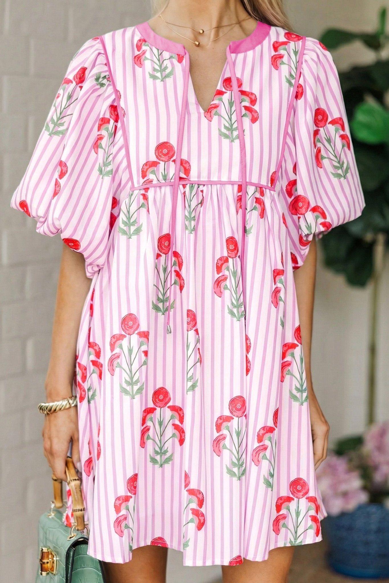 Pink Floral Striped Print Tie Notched Neck Puff Sleeve Flared Mini Dress - Loving It Shop