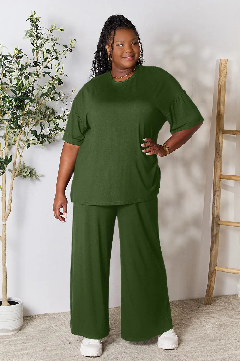 I am a Fashion Junky Full Size Round Neck Slit Top and Pants Set