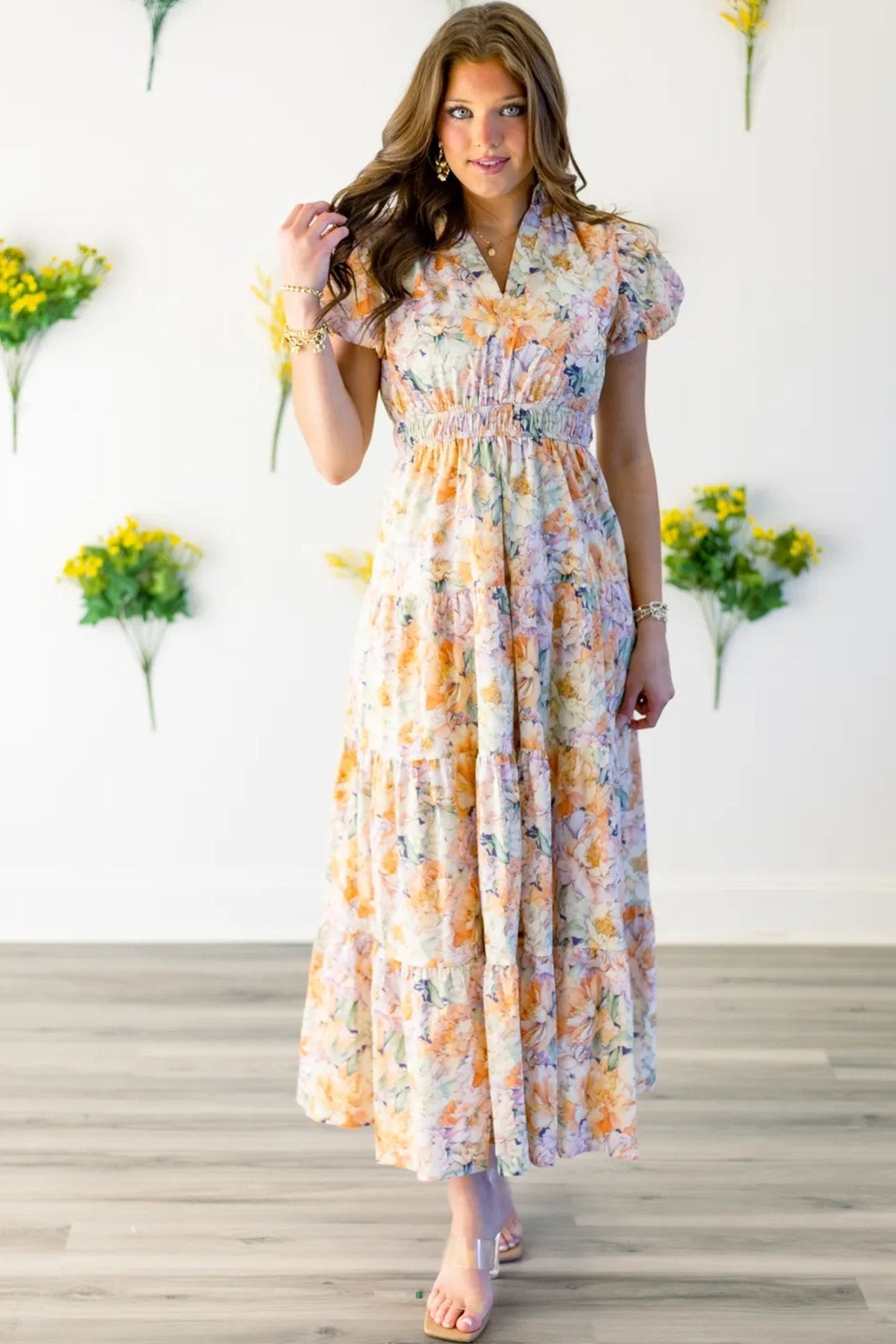 Orange Floral Bubble Sleeve V Neck Flared Maxi Dress - Loving It Shop
