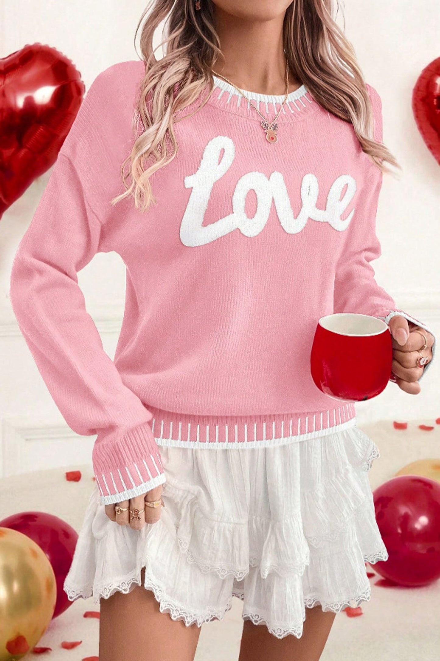 Pink Valentine Love Chenille Letter Graphic Sweater - Loving It Shop