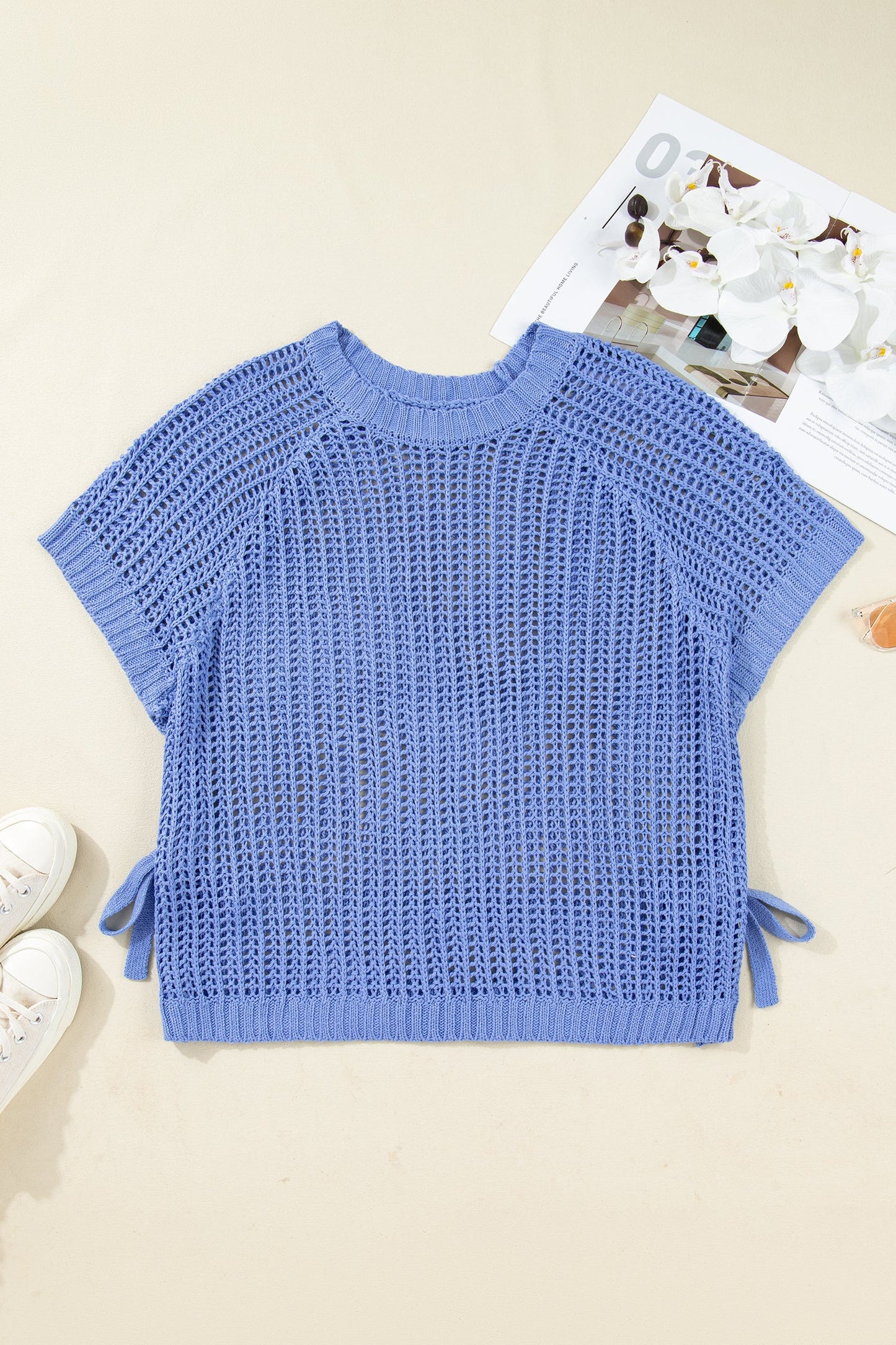 Plus Size Open Knit Bow Tie Short Sleeve Sweater