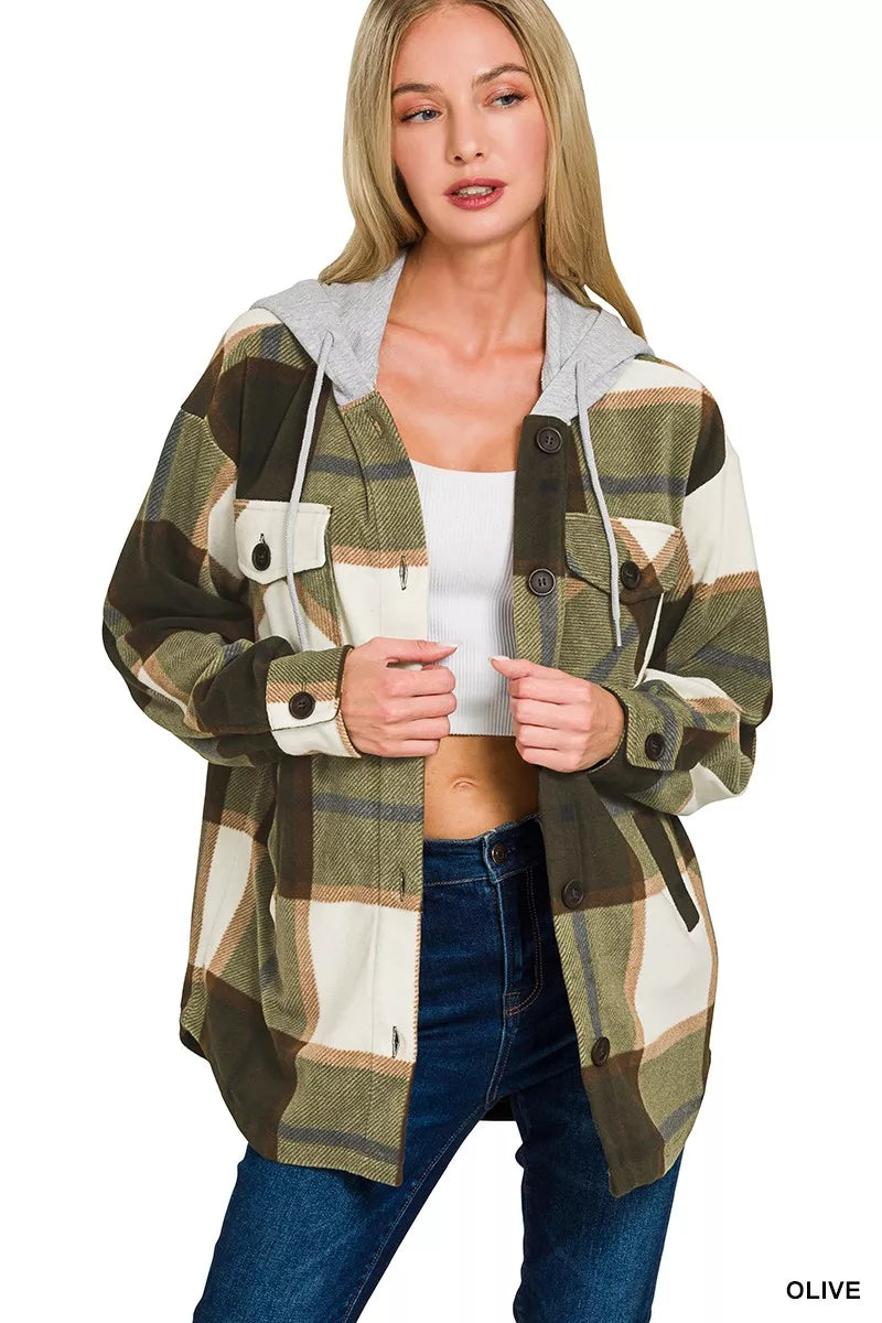Plaid Drawstring Hooded Fleece Shacket