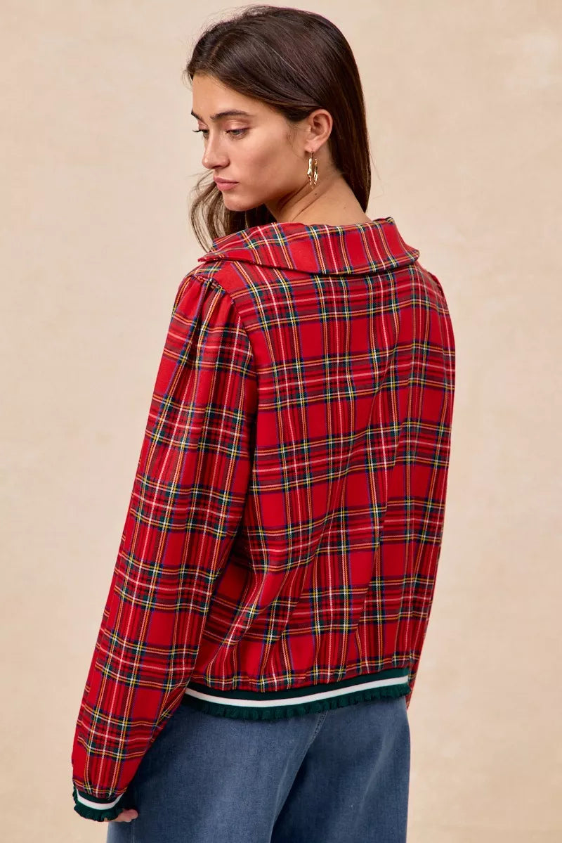 Christmas Plaid Collared Top with Ruffled Detail
