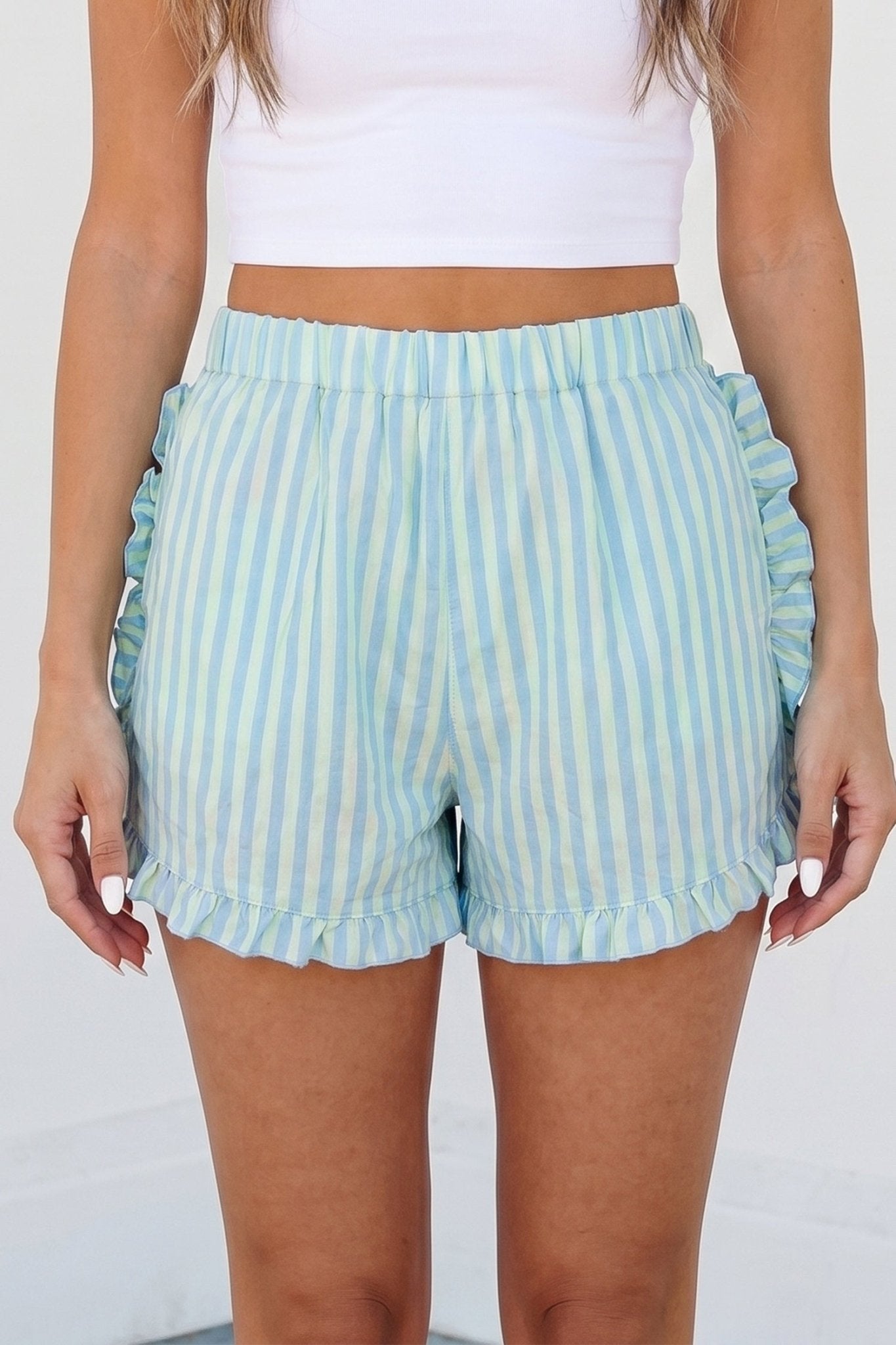 Sky Blue Stripe Elastic Waist Ruffle Trim Casual Shorts - Loving It Shop