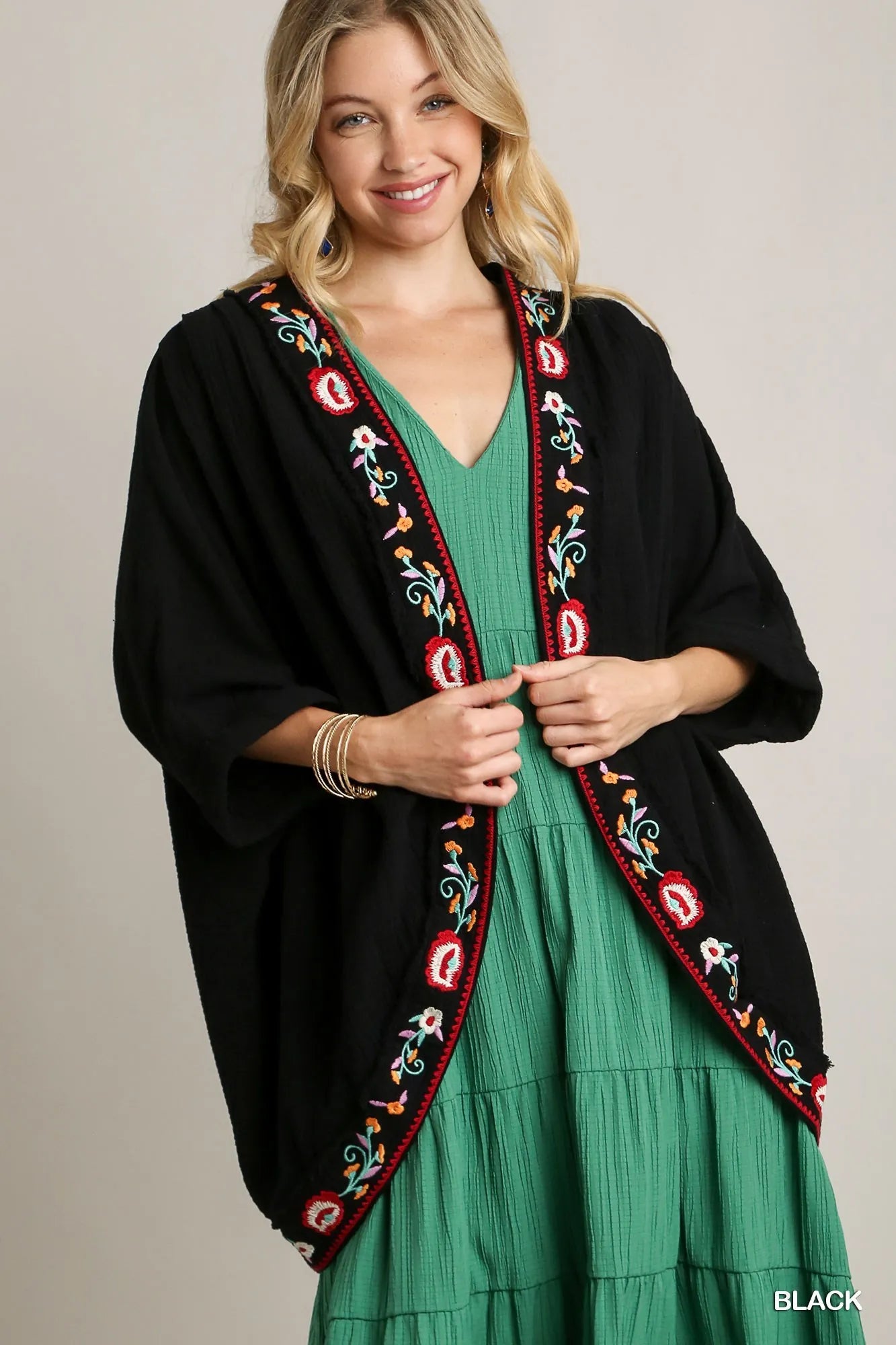Embroidery Open Front Kimono with Pleated Shoulder Detail