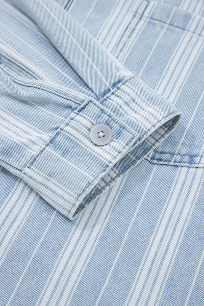 Sky Blue Stripe Boyfriend Chest Pocket Classic Denim Shacket