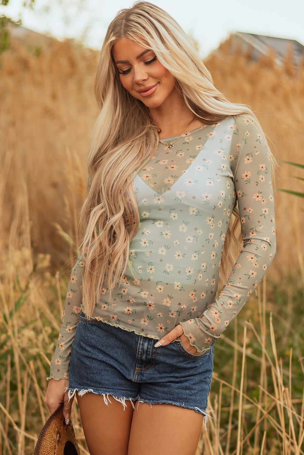 Laurel Green Vintage Floral Print Southern Style Mesh Long Sleeve Top - Loving It Shop