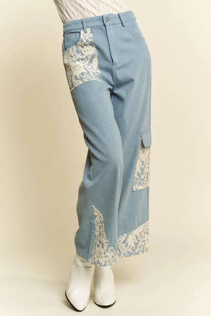 Davi &amp; Dani Lace Applique Wide Leg Jeans