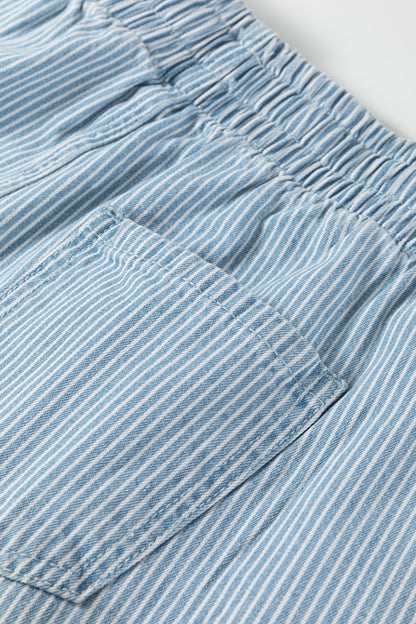 Sky Blue Stripe Drawstring Elastic Waist Casual Denim Shorts - Loving It Shop